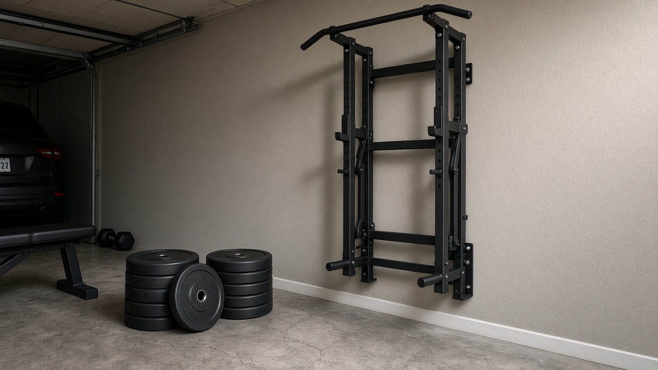 Folding wall-mount rack in a garage gym